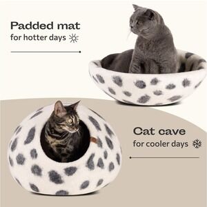 MEOWFIA Premium Felt Cat Bed Cave Handmade 100% Merino Wool Large Snow Leopard